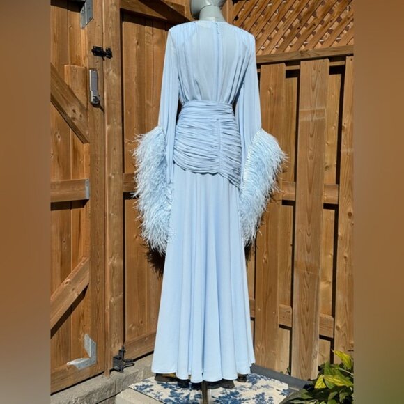 🆕 BRONX & BANCO 🧿 NWOT Geisha Feather-Trim Maxi Dress, Powder Blue - Sz M US 6 - Picture 8 of 16